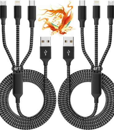 IDISON Multi Charging Cable(2Pack 4FT), 3 in 1 USB Charging Cable for Multiple Devices, Braided Universal Phone Charger Cord with Type-C, Micro USB, IP Port for iPhone17/16/14/Android Phones and More
